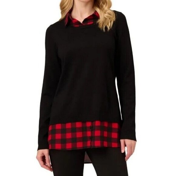 Adrianna Papell Women's Printed V-Neck Twofer Sweater Black Red Size M - Picture 1 of 9